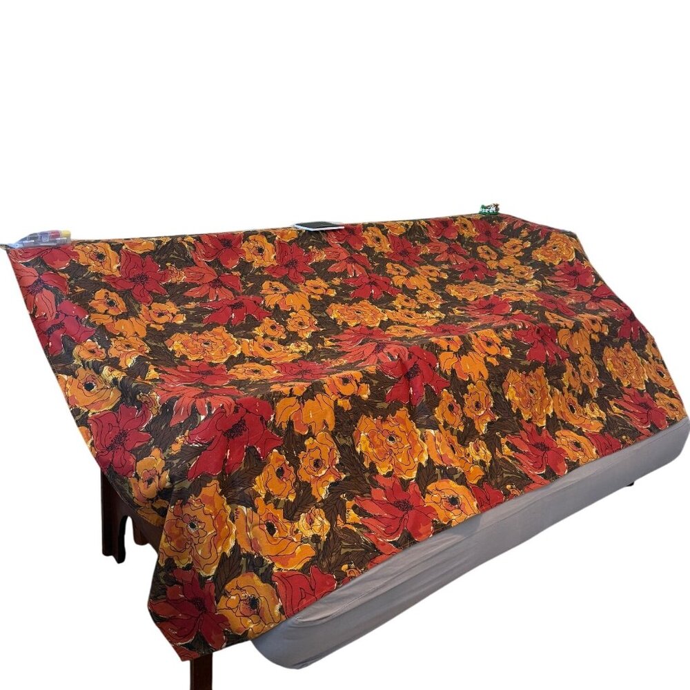 Vtg Vera Neumann "Autumn" Floral Tablecloth Retro Orange & Red 60"x99" Rectangle